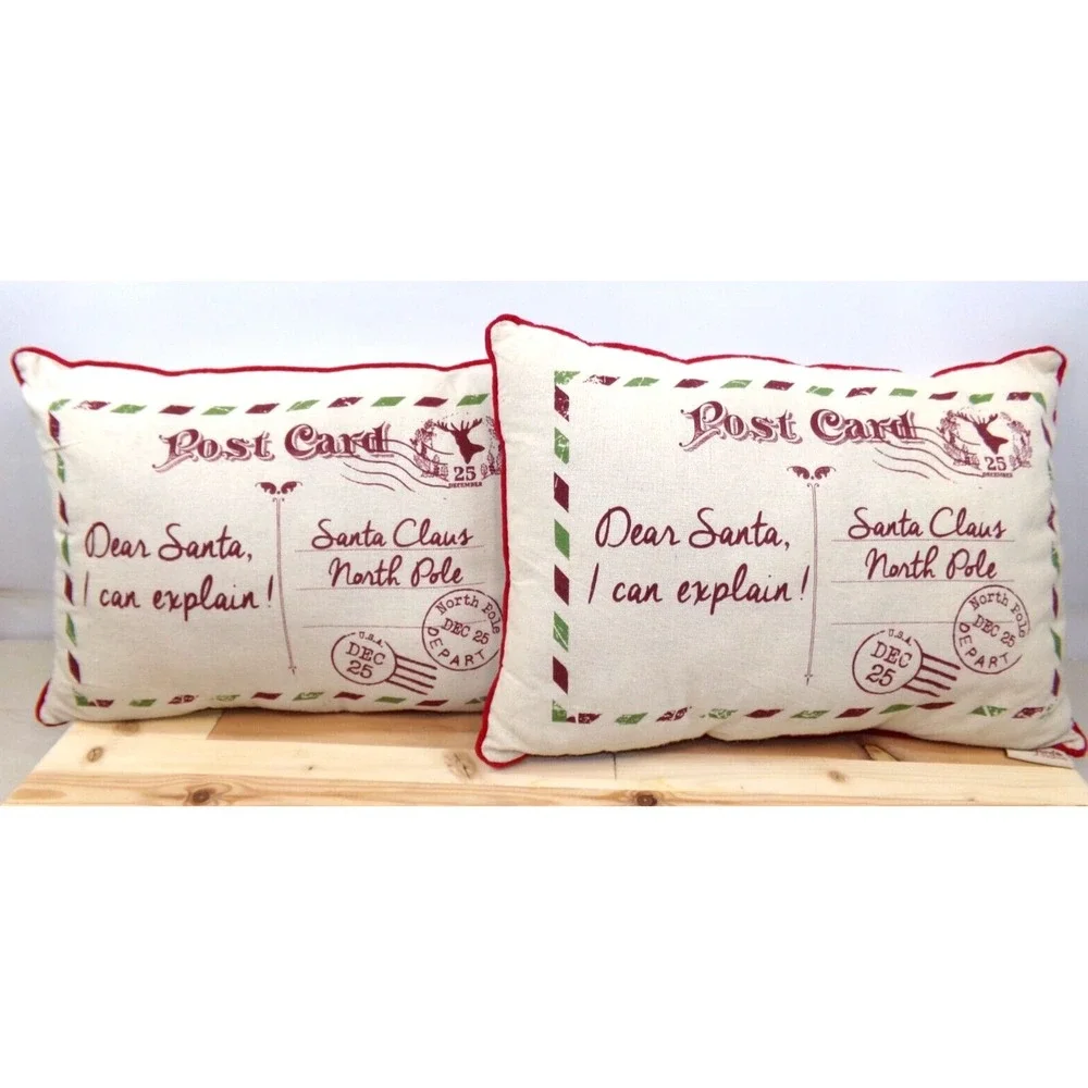 Stratford Home‎ Christmas Post Card Throw Pillows 19x14 Red Beige Set of 2